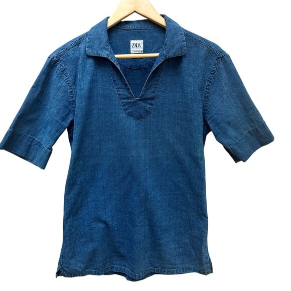 Zara Womens Relaxed Fit Blue Denim Short Sleeve Shirt Boho Preppy‎ Size M - Picture 1 of 4